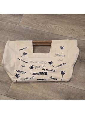 Vintage 80's Florida Canvas Tote Bag with Wooden Handles